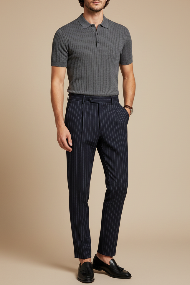 Pantalon À Pince Bleu Marine Rayé Plissé Slim Élégant - Laine