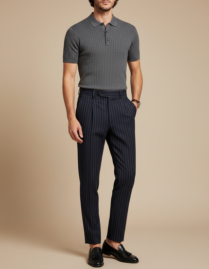 Pantalon À Pince Bleu Marine Rayé Plissé Slim Élégant - Laine