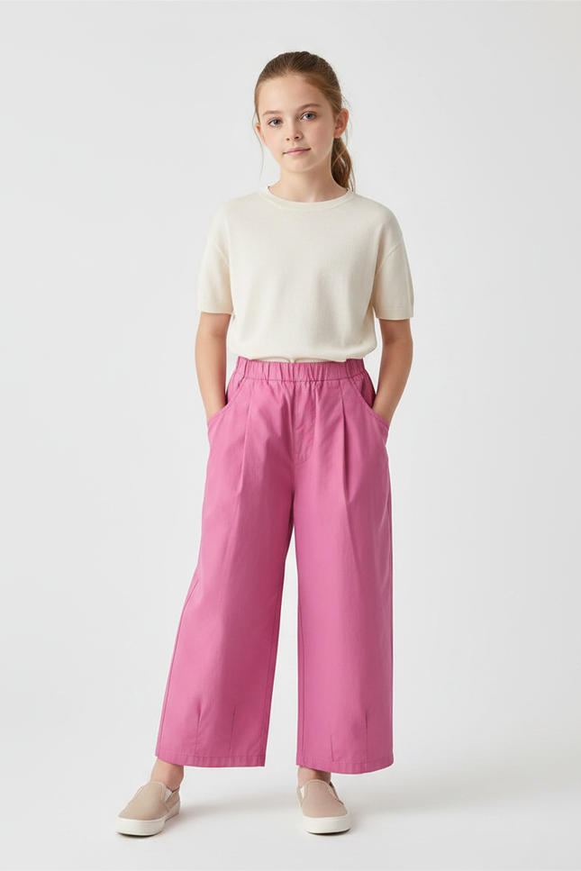Pantalon À Pince Rose Ample Droit Fille Coton