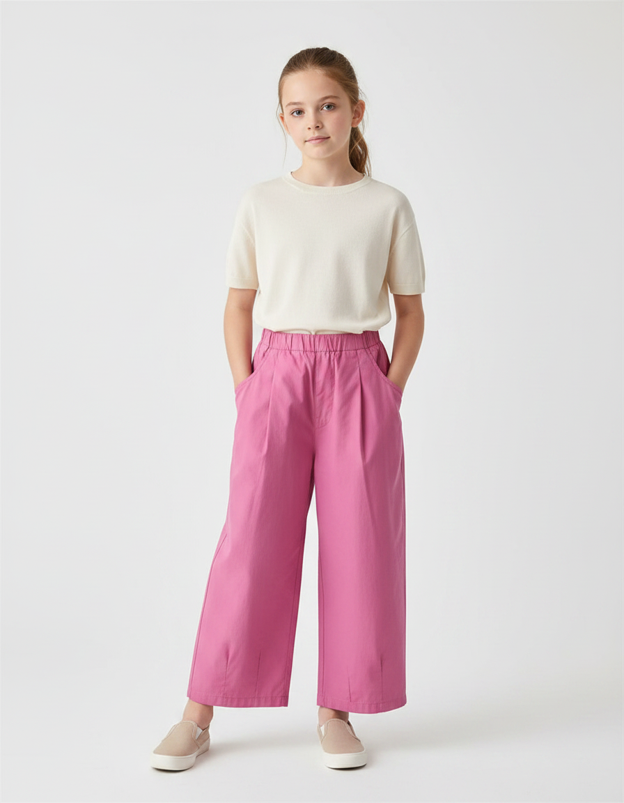 Pantalon À Pince Rose Ample Droit Fille Coton
