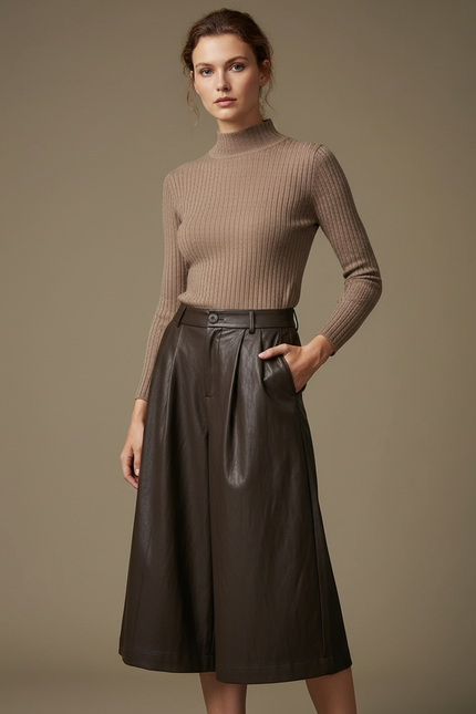 Pantalon À Pince Marron Similicuir Ample Élégant Femme - Simili cuir