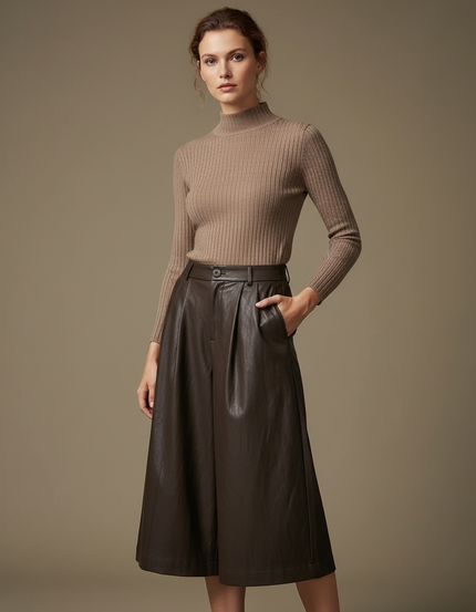 Pantalon À Pince Marron Similicuir Ample Élégant Femme - Simili cuir