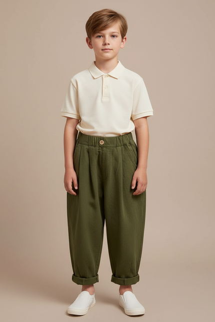 Pantalon À Pince Vert Ample Coton Enfant Décontracté - Kaki