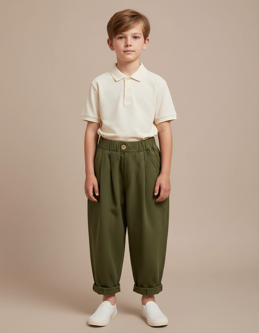 Pantalon À Pince Vert Ample Coton Enfant Décontracté - Kaki