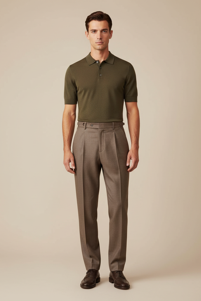Pantalon À Pince Marron Laine Plissé Droit Élégant