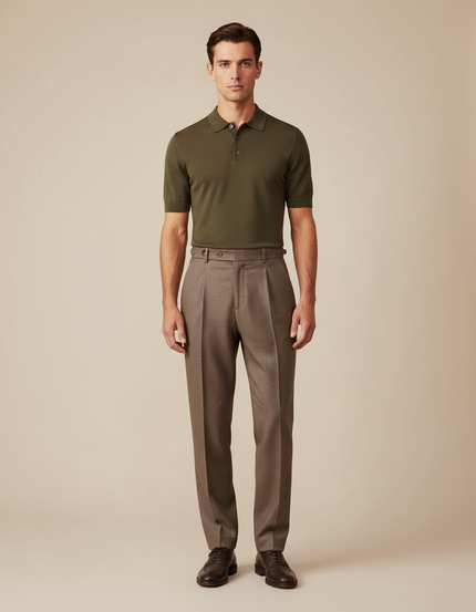 Pantalon À Pince Marron Laine Plissé Droit Élégant