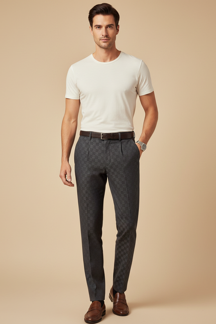Pantalon À Pince Gris Carreaux Slim Élégant Homme - Laine
