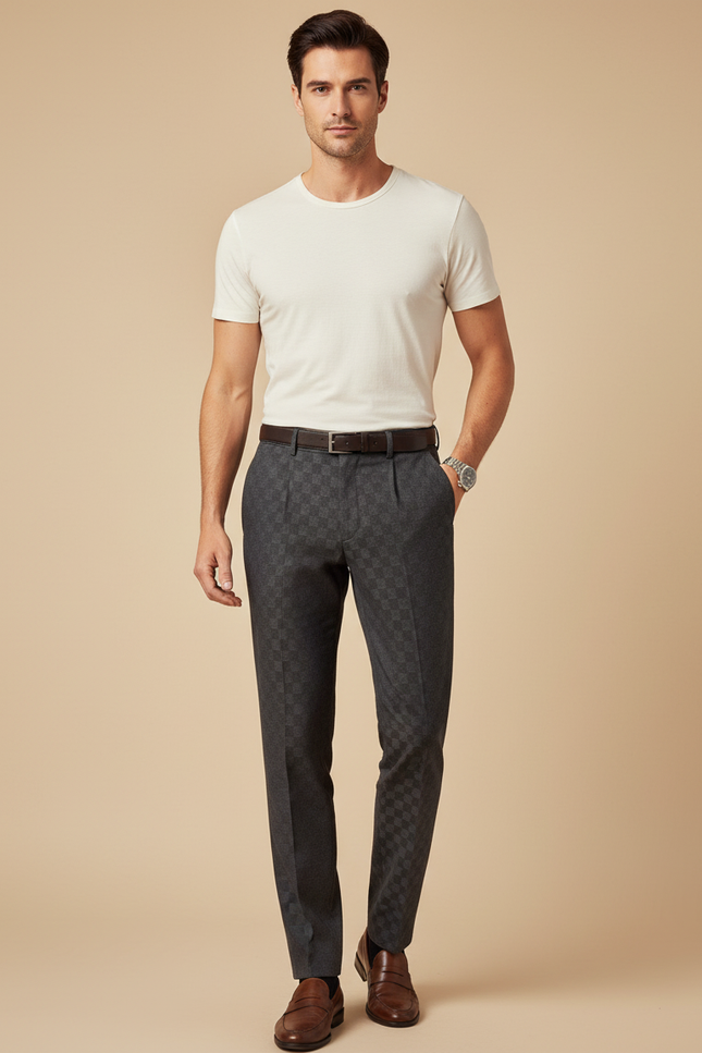 Pantalon À Pince Gris Carreaux Slim Élégant Homme - Laine