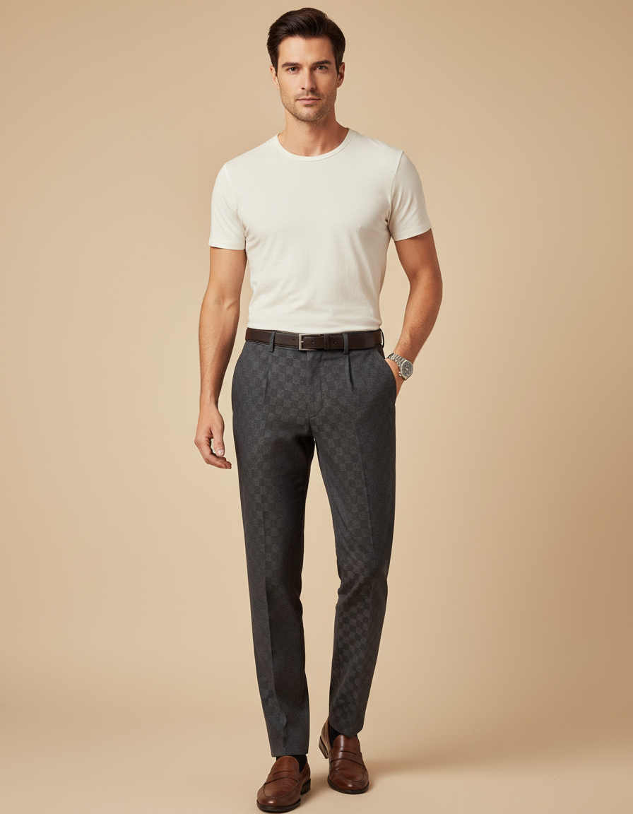 Pantalon À Pince Gris Carreaux Slim Élégant Homme - Laine
