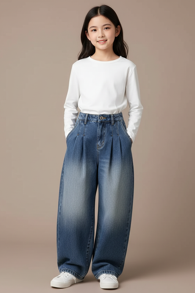 Pantalon À Pince Denim Ample Plissé Dégradé Fille - Bleu Jean