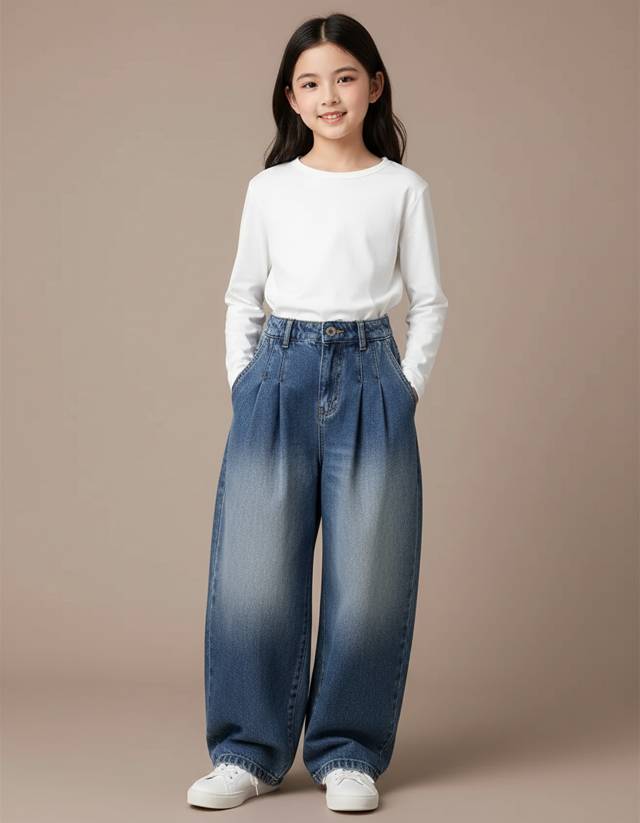 Pantalon À Pince Denim Ample Plissé Dégradé Fille - Bleu Jean
