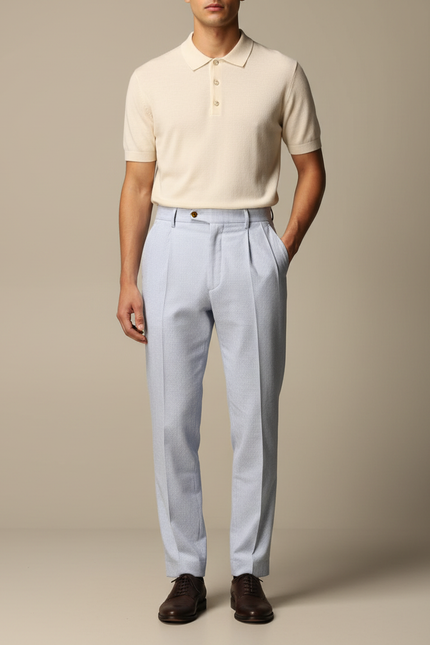 Pantalon À Pince Bleu Clair Rayé Plissé Décontracté Homme - Coton