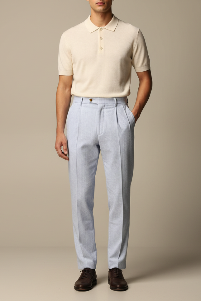 Pantalon À Pince Bleu Clair Rayé Plissé Décontracté Homme - Coton