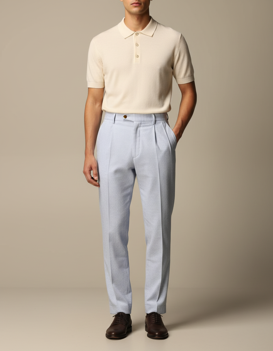 Pantalon À Pince Bleu Clair Rayé Plissé Décontracté Homme - Coton
