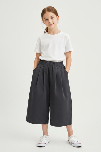 Pantalon À Pince Gris Plissé Ample Fille Décontracté - Gabardine
