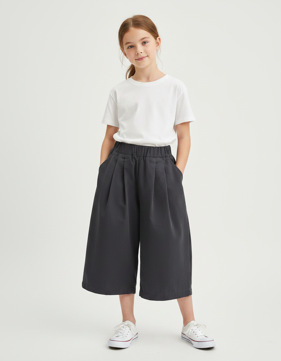 Pantalon À Pince Gris Plissé Ample Fille Décontracté - Gabardine