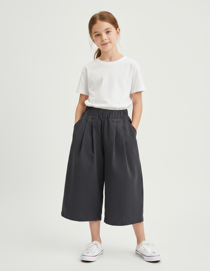 Pantalon À Pince Gris Plissé Ample Fille Décontracté - Gabardine