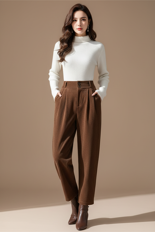 Pantalon À Pince Marron Velours Côtelé Ample Élégant Femme - Cordé