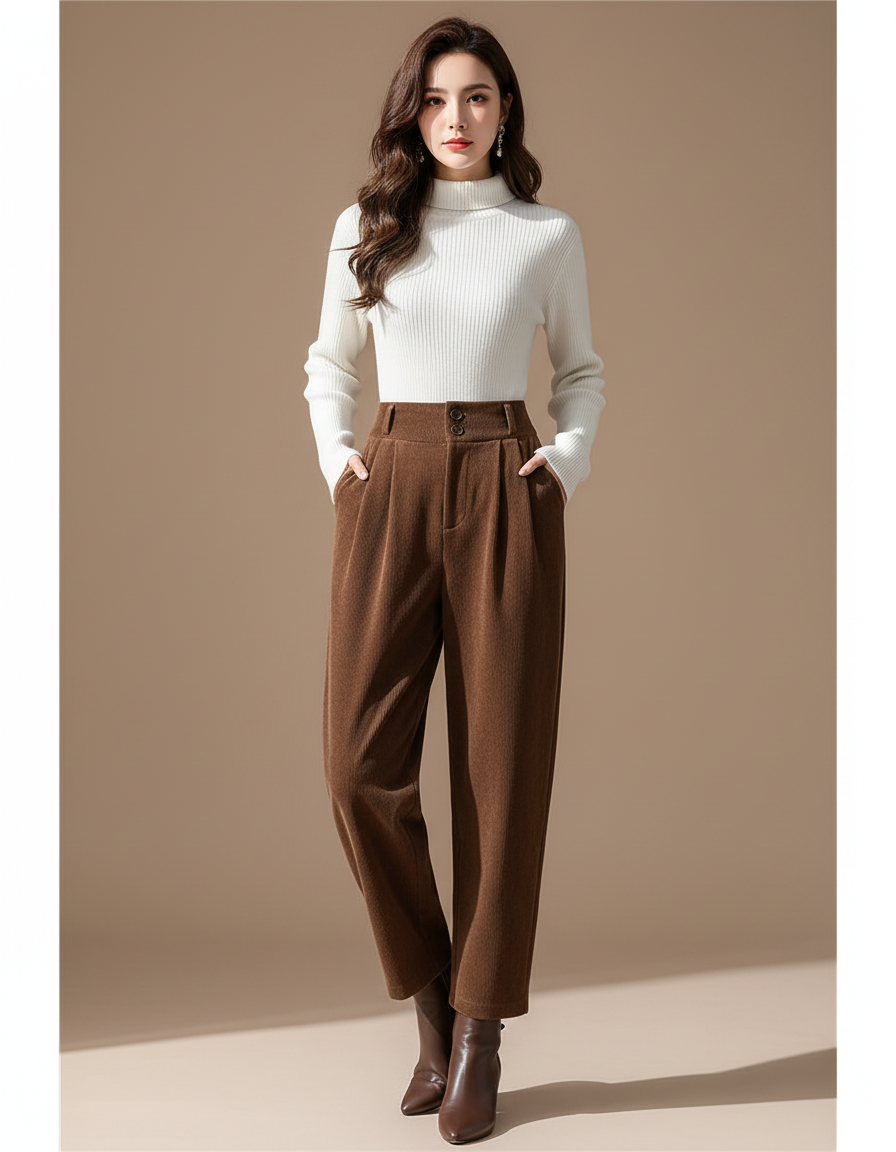 Pantalon À Pince Marron Velours Côtelé Ample Élégant Femme - Cordé