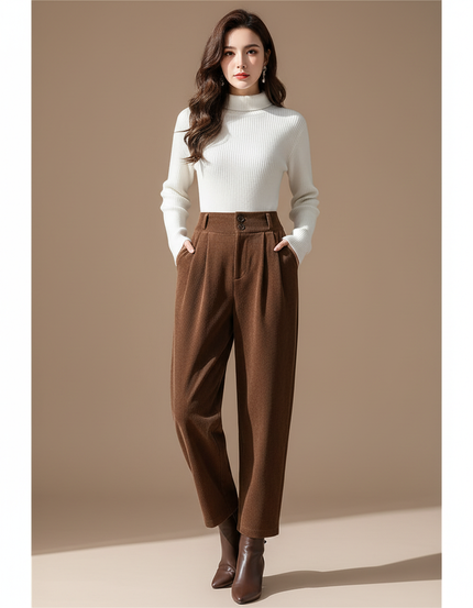 Pantalon À Pince Marron Velours Côtelé Ample Élégant Femme - Cordé