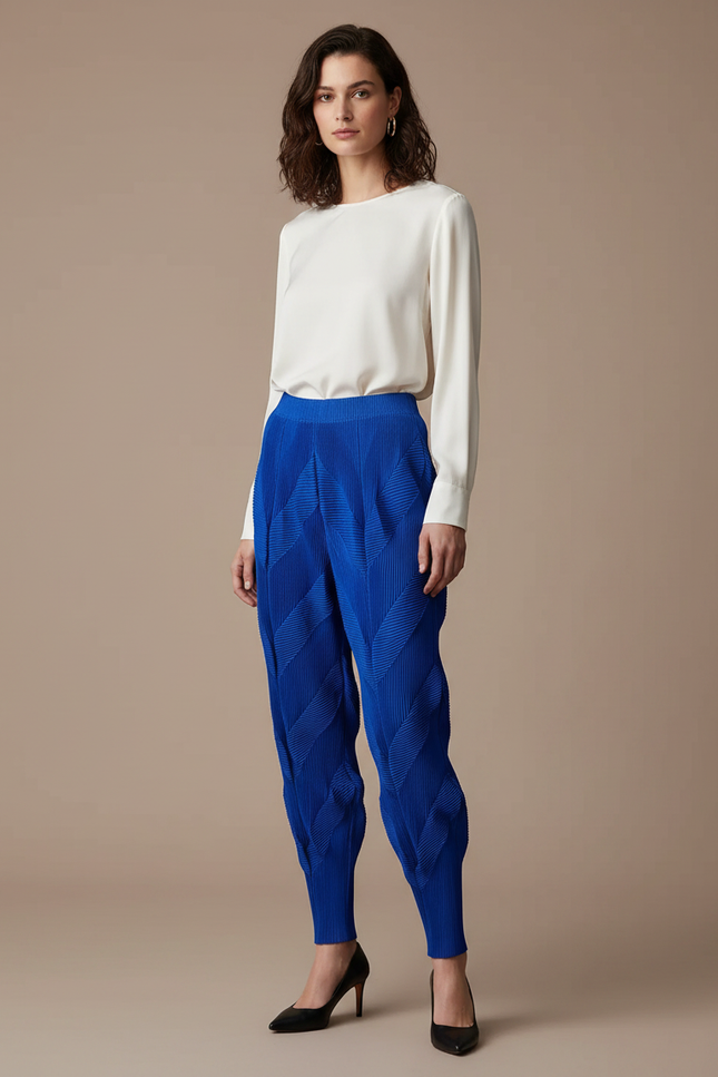 Pantalon À Pince Bleu Plissé Sculptural Chevrons Élastique - Polyester