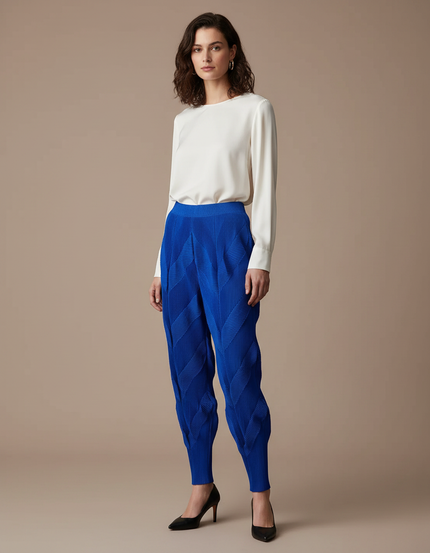 Pantalon À Pince Bleu Plissé Sculptural Chevrons Élastique - Polyester