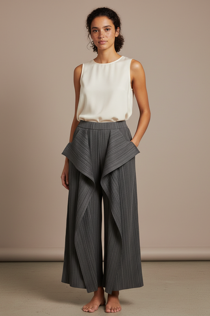 Pantalon À Pince Plissé Gris Irrégulier Ample Élégant - Polyester
