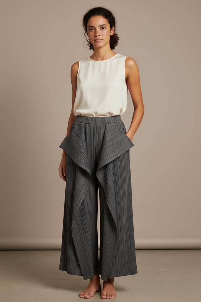 Pantalon À Pince Plissé Gris Irrégulier Ample Élégant - Polyester