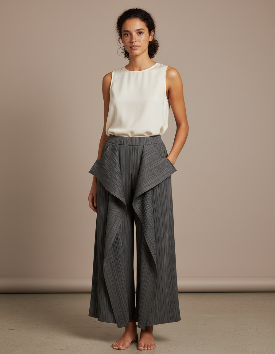 Pantalon À Pince Plissé Gris Irrégulier Ample Élégant - Polyester