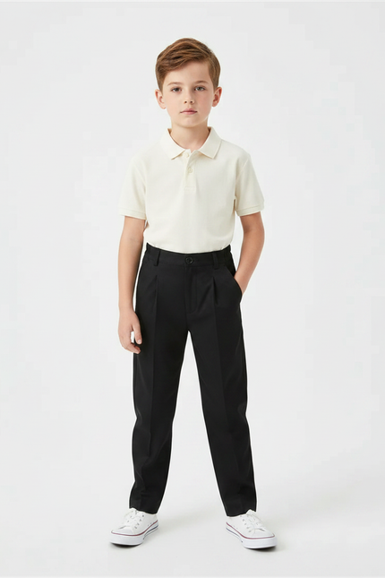 Pantalon À Pince Noir Plissé Droit Garçon Élégant - Gabardine