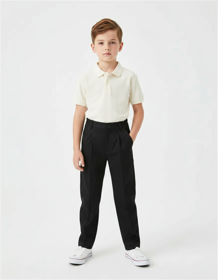 Pantalon À Pince Noir Plissé Droit Garçon Élégant - Gabardine
