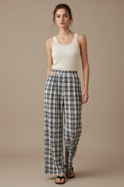 Pantalon À Pince Carreaux Noir Blanc Fluide Décontracté - Imprimé Viscose