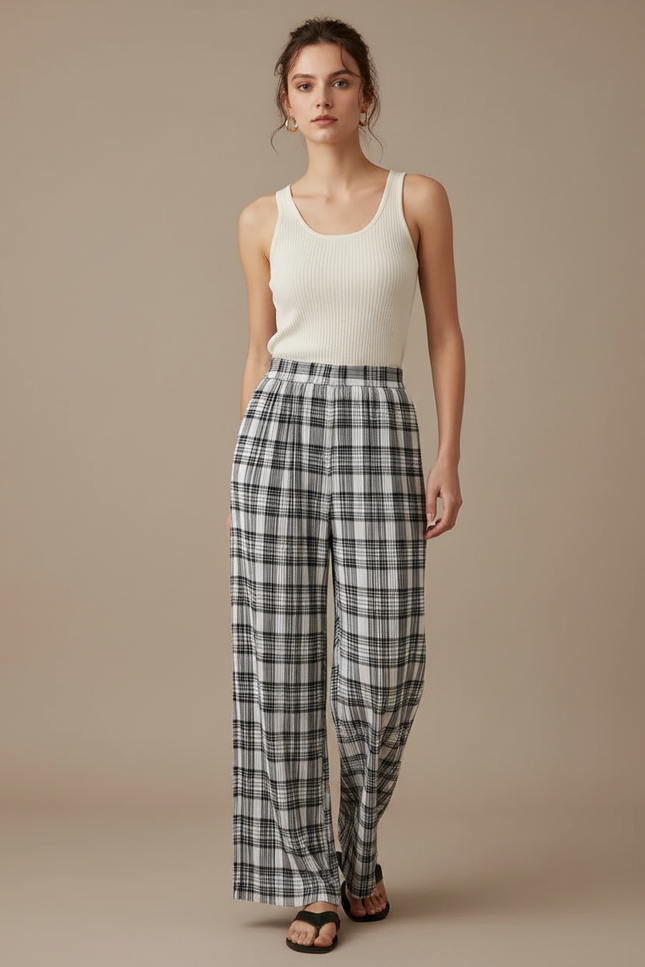 Pantalon À Pince Carreaux Noir Blanc Fluide Décontracté - Imprimé Viscose