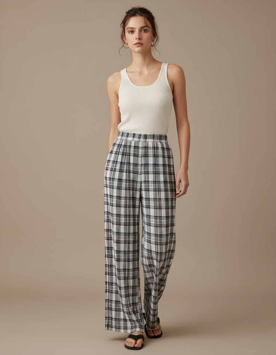 Pantalon À Pince Carreaux Noir Blanc Fluide Décontracté - Imprimé Viscose