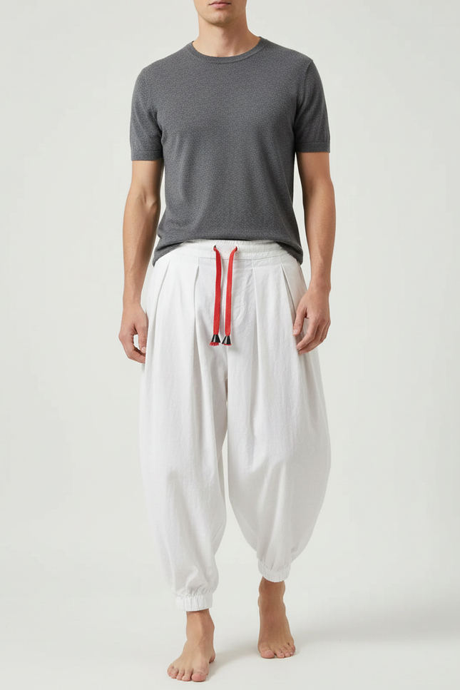 Pantalon À Pince Blanc Ample Coton Plissé Décontracté