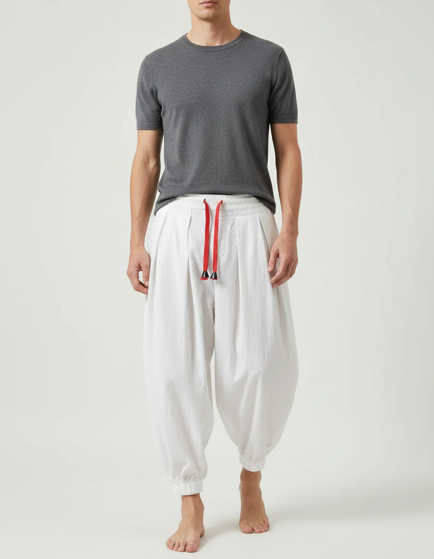 Pantalon À Pince Blanc Ample Coton Plissé Décontracté