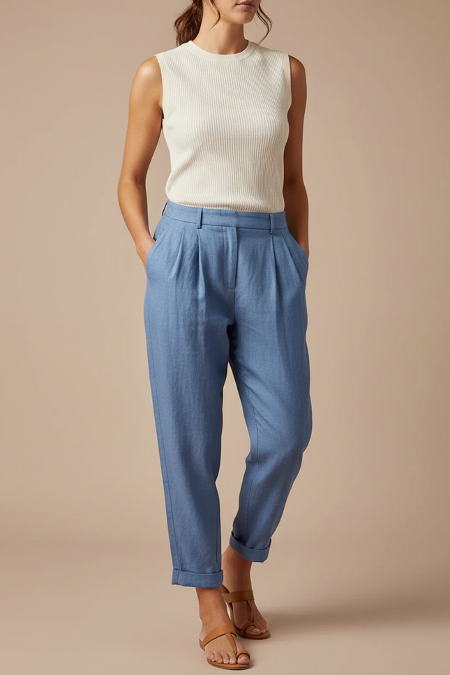Pantalon À Pince Bleu Ciel Lin Coton Plissé Décontracté