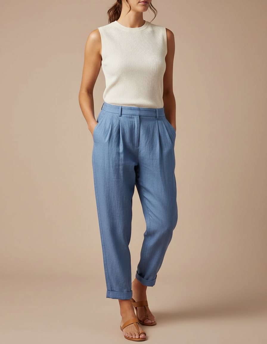 Pantalon À Pince Bleu Ciel Lin Coton Plissé Décontracté