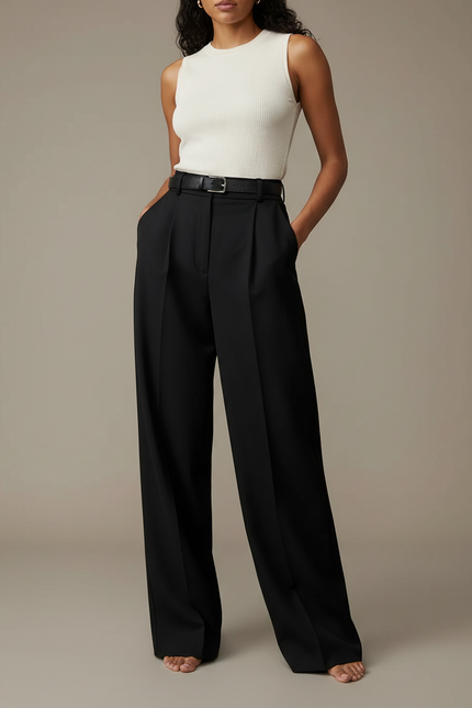 Pantalon À Pince Noir Ample Fluide Élégant Ceinturé - Polyester