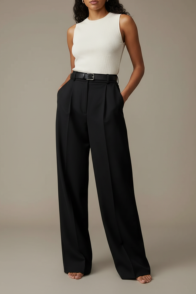 Pantalon À Pince Noir Ample Fluide Élégant Ceinturé - Polyester