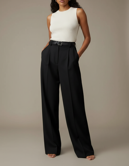 Pantalon À Pince Noir Ample Fluide Élégant Ceinturé - Polyester