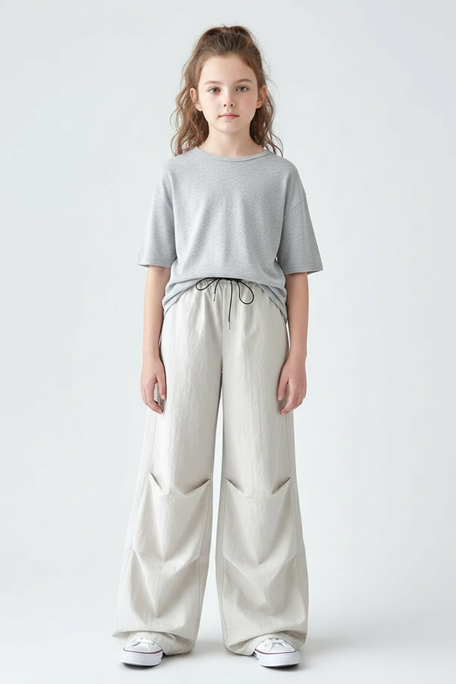Pantalon À Pince Écru Ample Cordon Enfant - Beige Toile