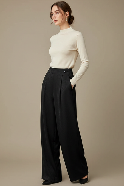 Pantalon À Pince Noir Fluide Ample Élégant - Viscose
