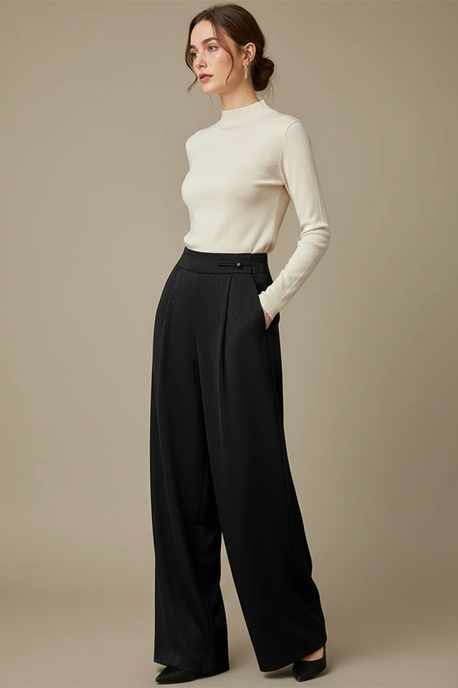 Pantalon À Pince Noir Fluide Ample Élégant - Viscose