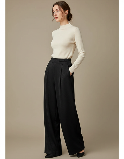 Pantalon À Pince Noir Fluide Ample Élégant - Viscose