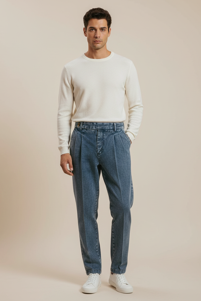 Pantalon À Pinces Taille Haute - Bleu Jean
