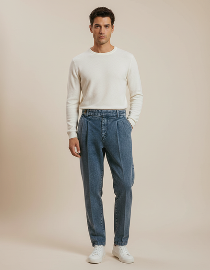 Pantalon À Pinces Taille Haute - Bleu Jean