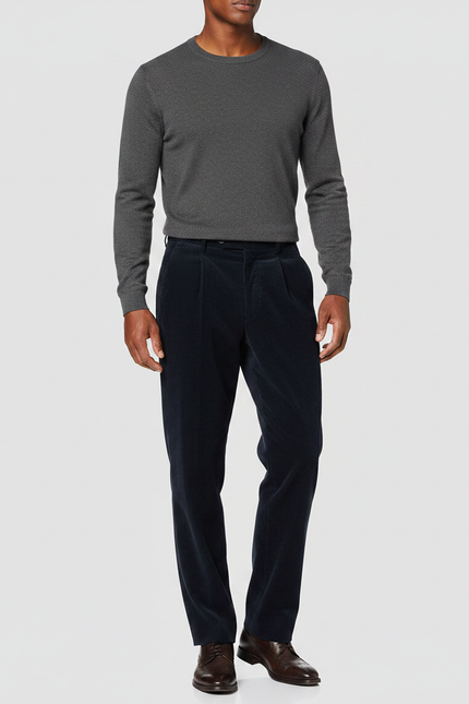 Pantalon À Pince Bleu Marine Côtelé Plissé Droit Homme - Cordé