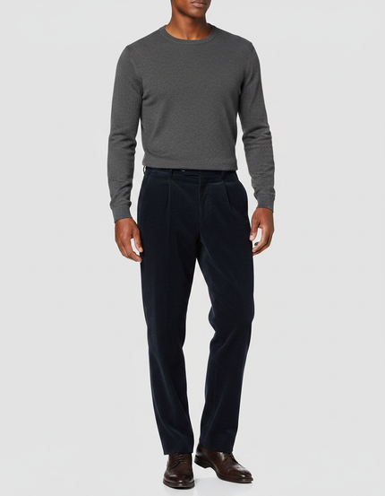 Pantalon À Pince Bleu Marine Côtelé Plissé Droit Homme - Cordé