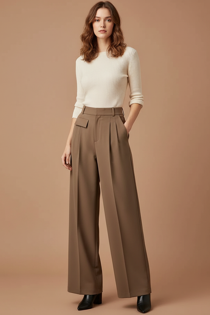 Pantalon À Pince Marron Taille Haute Ample Plissé Fluide - Polyester
